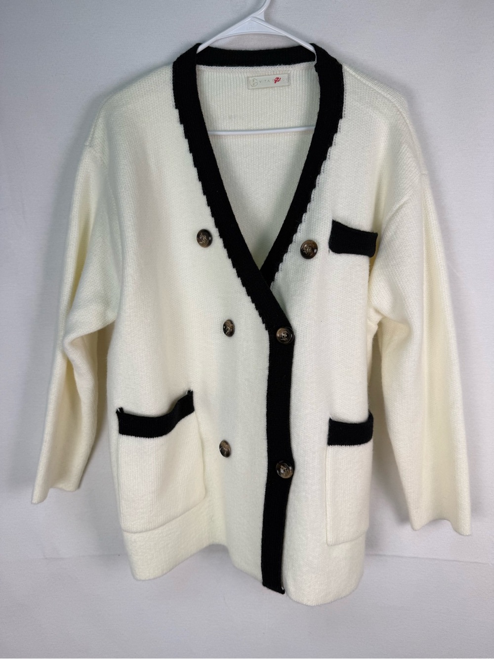 Vita Grace Cream Knit Cardigan with Black Contrast Trim